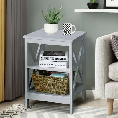 Costway 3-Tier Nightstand End Table X Design Storage Display Shelf Living Room Grey - Image 3
