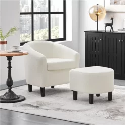 Yaheetech Contemporary Boucle Barrel Chair And Ottoman For Bedroom Living Room Ivory