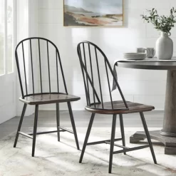 Set Of 2 Milo Windsor Metal With Wood Seat Dining Chairs Black/Espresso Brown - Buylateral