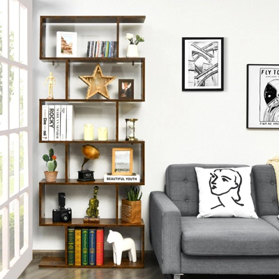 Tangkula 2 PCS 6-Tier S-Shaped Wooden Bookshelf Storage Bookcase Multifunctional Display Stand Shelf