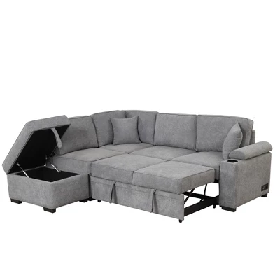 87.4" L Shape Sectional Sleeper Sofa Bed, 2 In 1 Pull Out Sofa Couch With Storage Ottoman, Cup Holder And USB Port-ModernLuxe