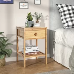 Costway Bamboo Nightstand Natural Side End Table W/Drawer For Living Room Bedroom