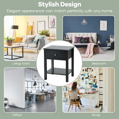 Costway End Table Nightstand Storage Display Drawer Shelf Beside Bedroom WhiteBlack - Image 5