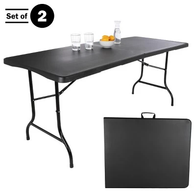 Folding Table Set - Set Of 2 Lightweight Portable Tables - 6-Foot-Long Plastic Tabletops For Camping, Parties, And Dining By Everyday Home (Black) - Image 4