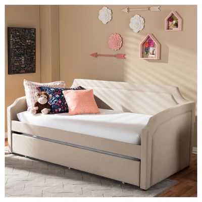 Parkson Modern And Contemporary Linen Fabric Curved Notched Corners Sofa Daybed With Roll - Out Trundle Guest Bed - Twin - Baxton Studio - Image 8