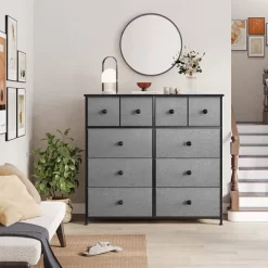 REAHOME 10 Drawer Steel Frame Bedroom Storage Organizer Chest Dresser With Waterproof Top, Adjustable Feet, And Wall Safety Attachment, Light Grey