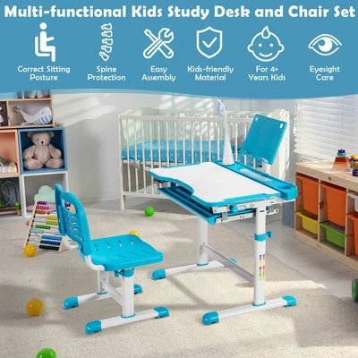 Costway Height Adjustable Kids Study Table And Chair Set W/Bookstand & Light Pink/Light Blue - Image 4