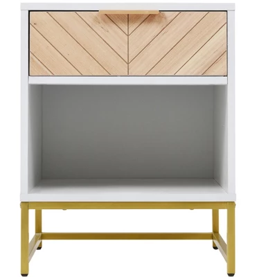 Nightstand With USB Charging Ports, End Table With 1 Drawer And Metal Legs, White+Natural Finish-ModernLuxe - Image 3