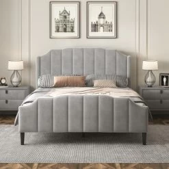 Queen Size Velvet Upholstered Platform Bed With Headboard And Footboard-ModernLuxe