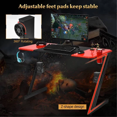 Costway Gaming Desk & Chair Set Z-Shaped Racing Style Desk With Massage Swivel Gaming Chair - Image 2