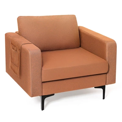 Costway Modern Linen Fabric Accent Armchair Single Sofa W/ Side Storage Pocket - Image 11