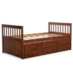 Costway Twin Captain's Bed Bunk Bed Alternative W/ Trundle & Drawers For Kids WalnutEspressoWhite