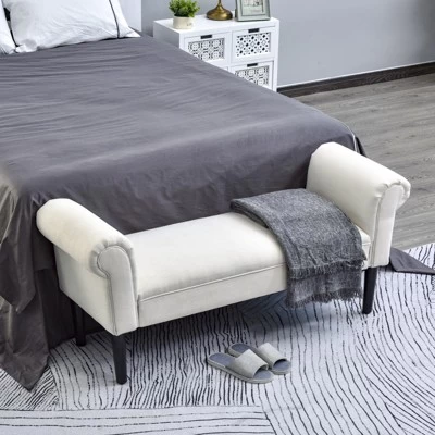 HOMCOM 52" Linen Upholstered Accent Ottoman Bench With Armrests