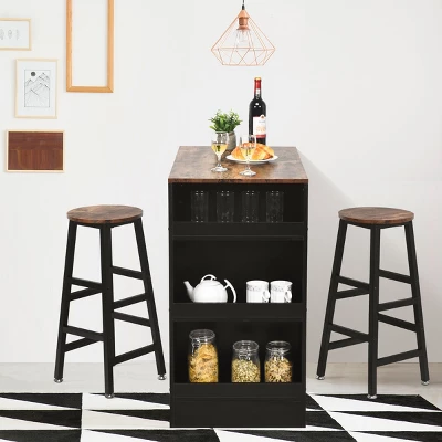 Costway 3 Pieces Bar Table Set Industrial Counter With Storage Black - Image 2