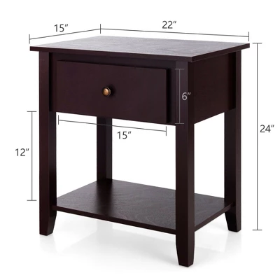 Costway 2PCS Nightstand Sofa End Side Table W/ Storage Drawer Bottom Shelf Espresso - Image 2