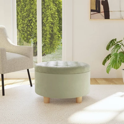 Tufted Round Storage Ottoman Light Sage Green Velvet - HomePop - Image 3