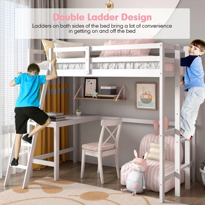 Costway Twin Loft Bed Frame W/Desk Angled And Built-in Ladder Solid Wooden Frame WhiteGreyExpresso - Image 9