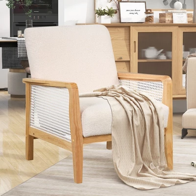 Mid-Century Velvet Upholstered Accent Chair, Armchair With Rattan Mesh-ModernLuxe - Image 14