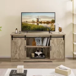 Costway TV Stand Farmhouse Cabinet Sliding Barn Door Adjustable Shelves For TV Up To 65''