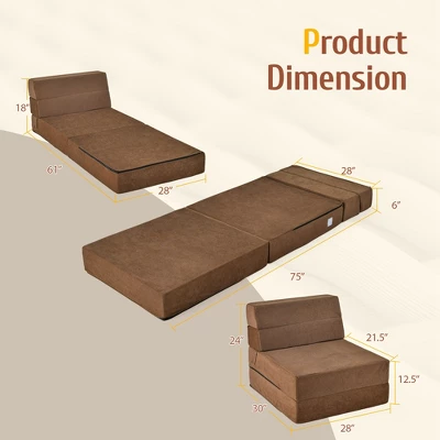 Costway Tri-Fold Fold Down Chair Flip Out Lounger Convertible Sleeper Bed Couch Dorm Brown - Image 2