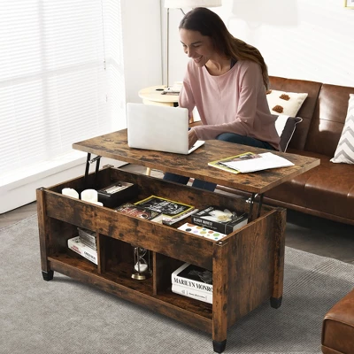 Costway Lift Top Coffee Table W/ Hidden Compartment And Storage Shelves Coffee - Image 3