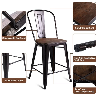 Costway Copper Set Of 4 Metal Wood Counter Stool Kitchen Dining Bar Chairs Rustic Full Back - Image 6