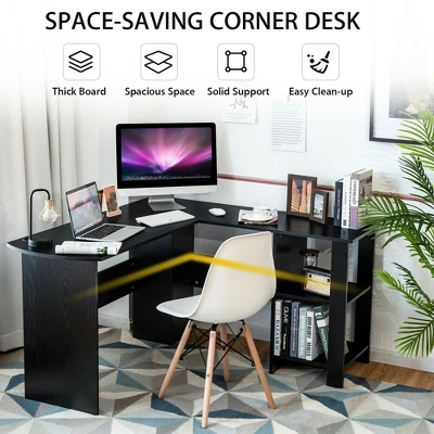 Costway Modern L-Shaped Computer Desk Writing Study Office Corner Desk W/Shelves - Image 4