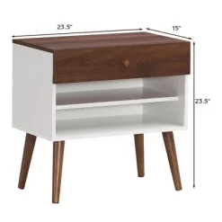 Costway 2PCS Nightstand End Side Table Drawer Storage Shelf Mid-Century Rubber Wood Leg
