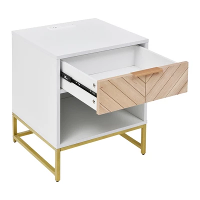 Nightstand With USB Charging Ports, End Table With 1 Drawer And Metal Legs, White+Natural Finish-ModernLuxe - Image 4