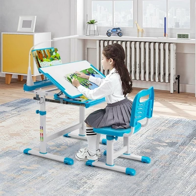 Costway Height Adjustable Kids Study Table And Chair Set W/Bookstand & Light Pink/Light Blue - Image 3