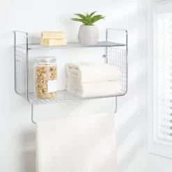 MDesign 2 Tier Storage Organizer Bath Shelf With Towel Bar, Wall Mount
