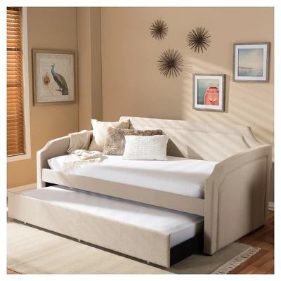 Parkson Modern And Contemporary Linen Fabric Curved Notched Corners Sofa Daybed With Roll - Out Trundle Guest Bed - Twin - Baxton Studio - Image 5