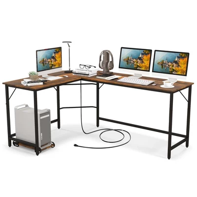 Costway L-shaped Gaming Desk Computer Desk With CPU Stand Power Outlets Rustic Brown/Black - Image 9
